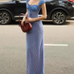 Enchanting Spaghetti Straps Blue Prom Dress Lace Sheath Evening Dress C9268