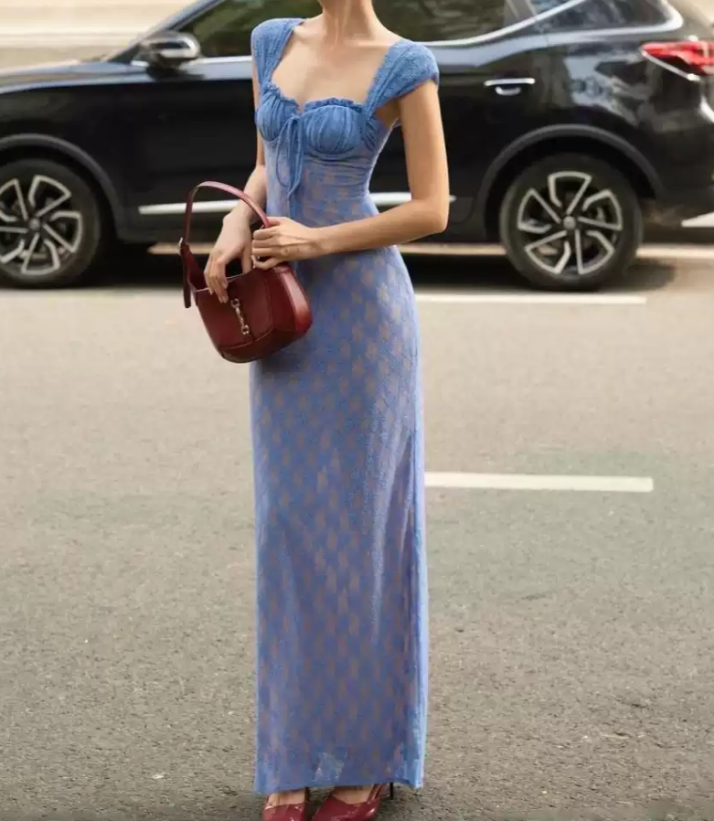 Enchanting Spaghetti Straps Blue Prom Dress Lace Sheath Evening Dress C9268