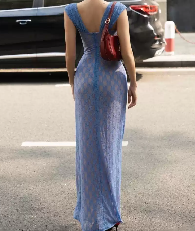 Enchanting Spaghetti Straps Blue Prom Dress Lace Sheath Evening Dress C9268