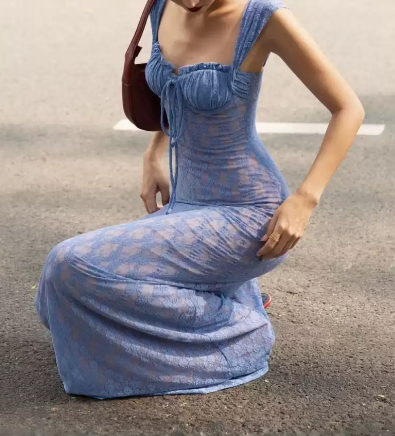 Enchanting Spaghetti Straps Blue Prom Dress Lace Sheath Evening Dress C9268