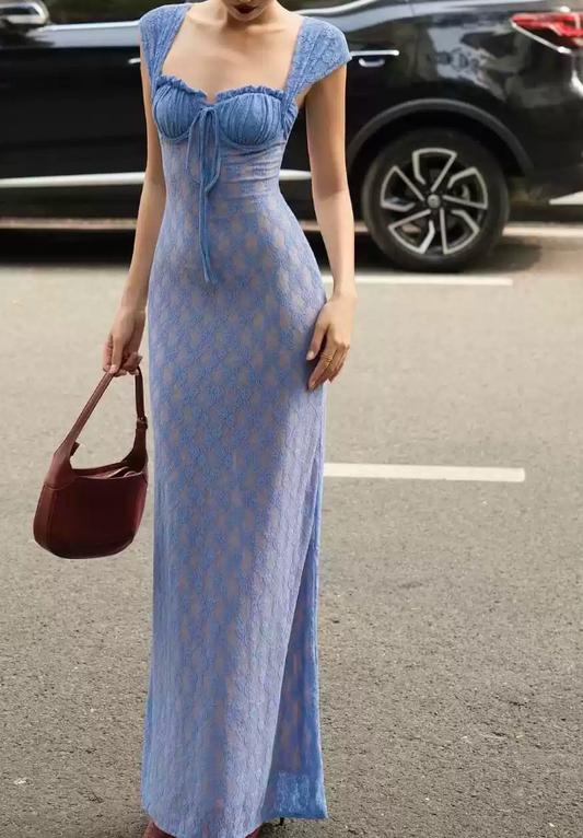 Enchanting Spaghetti Straps Blue Prom Dress Lace Sheath Evening Dress C9268