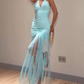 Retro Spaghetti Straps Prom Dress Mint Green Tassel Sheath Evening Dress C9269