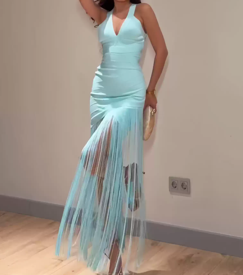 Retro Spaghetti Straps Prom Dress Mint Green Tassel Sheath Evening Dress C9269