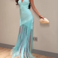 Retro Spaghetti Straps Prom Dress Mint Green Tassel Sheath Evening Dress C9269