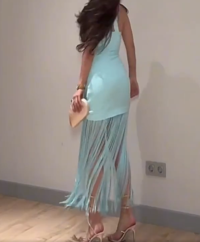 Retro Spaghetti Straps Prom Dress Mint Green Tassel Sheath Evening Dress C9269