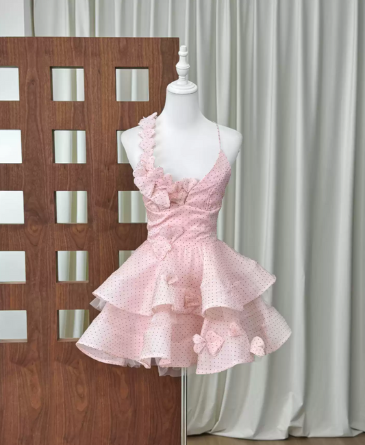Sweet Spaghetti Strap Pink Homecoming Dress Appliques Tiered A-Line Party Dress C9274