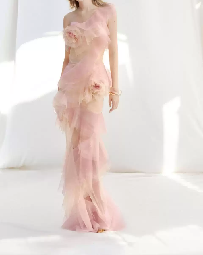 Ethereal One Shoulder Pink Prom Dress 3D Flowers Sheath Evening Dress C9276