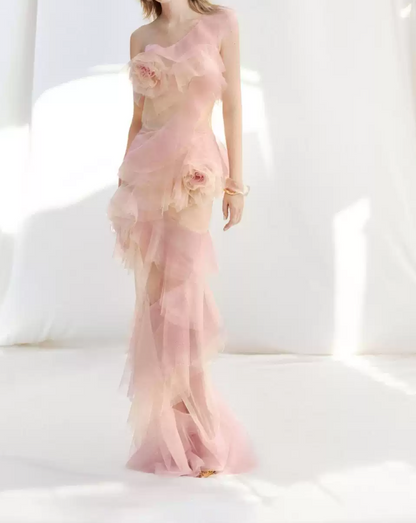 Ethereal One Shoulder Pink Prom Dress 3D Flowers Sheath Evening Dress C9276