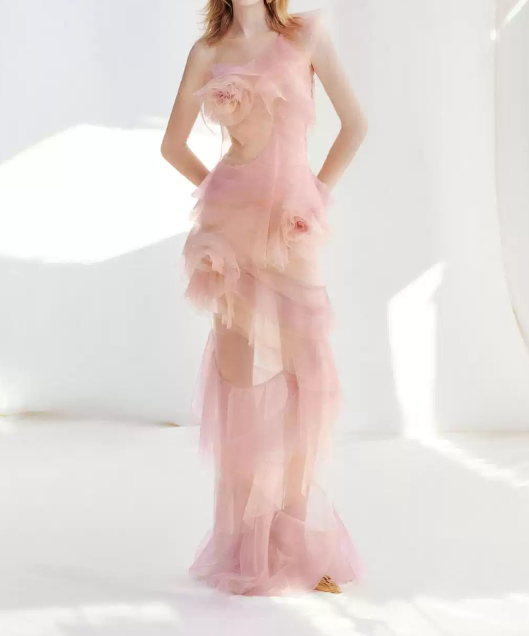 Ethereal One Shoulder Pink Prom Dress 3D Flowers Sheath Evening Dress C9276