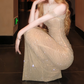 Chic Off-Shoulder Beige Prom Dress Sequins Sheath Evening Dress C9277