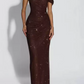 Chic Off-Shoulder Beige Prom Dress Sequins Sheath Evening Dress C9277