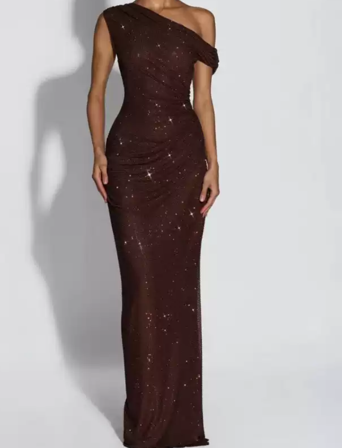 Chic Off-Shoulder Beige Prom Dress Sequins Sheath Evening Dress C9277
