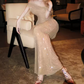 Chic Off-Shoulder Beige Prom Dress Sequins Sheath Evening Dress C9277
