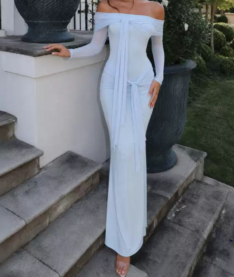 Unique Off-Shoulder Blue Prom Dress Long Sleeve Sheath Evening Dress C9278