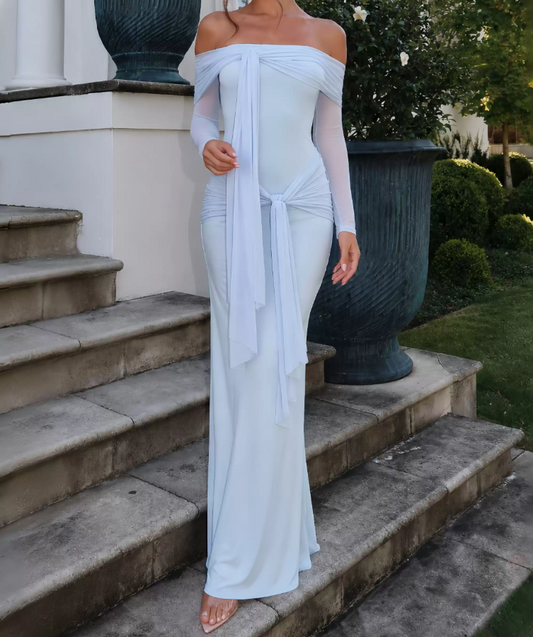 Unique Off-Shoulder Blue Prom Dress Long Sleeve Sheath Evening Dress C9278