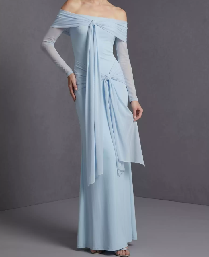 Unique Off-Shoulder Blue Prom Dress Long Sleeve Sheath Evening Dress C9278