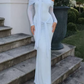 Unique Off-Shoulder Blue Prom Dress Long Sleeve Sheath Evening Dress C9278