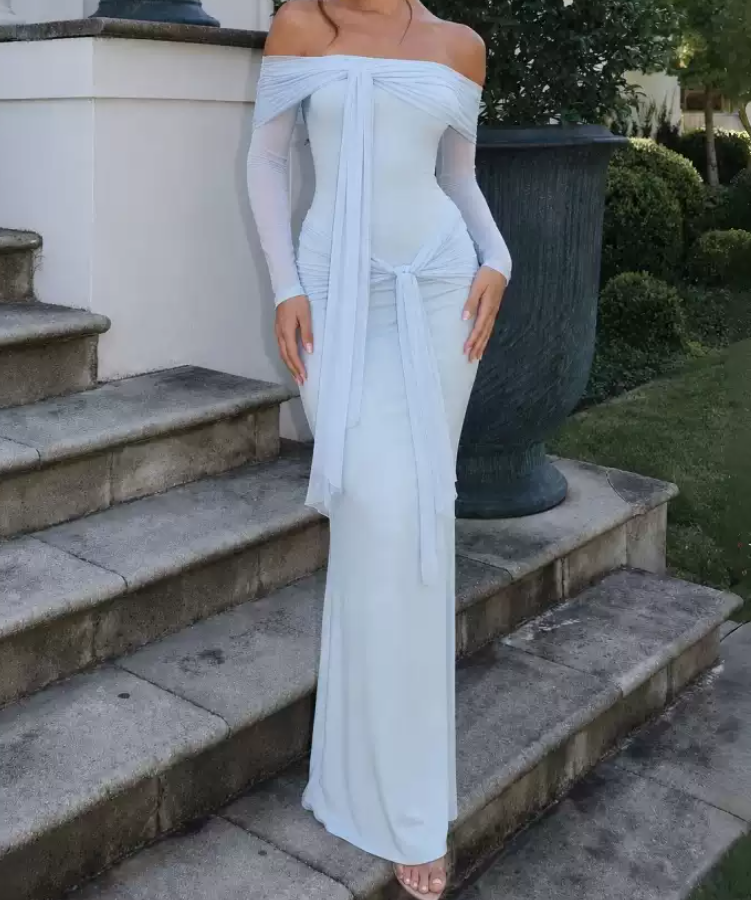 Unique Off-Shoulder Blue Prom Dress Long Sleeve Sheath Evening Dress C9278