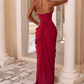 Chic Halter Neck Red Prom Dress High Slit Ruched Sheath Evening Dress C9279