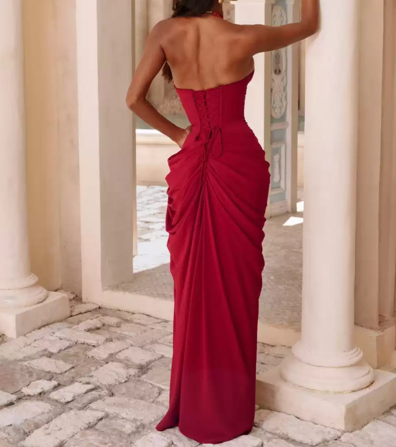 Chic Halter Neck Red Prom Dress High Slit Ruched Sheath Evening Dress C9279