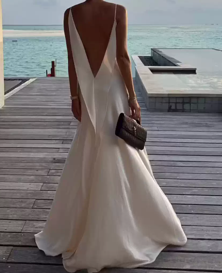 Graceful Spaghetti Straps White Prom Dress Satin Slit A-Line Evening Dress C9280