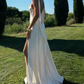 Graceful Spaghetti Straps White Prom Dress Satin Slit A-Line Evening Dress C9280