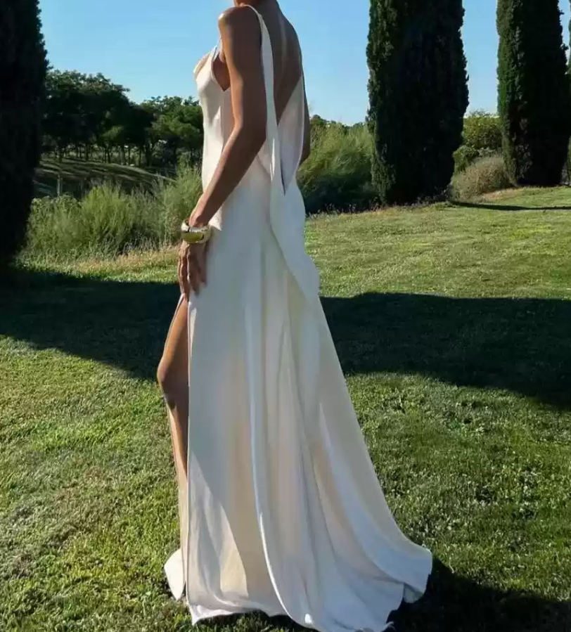Graceful Spaghetti Straps White Prom Dress Satin Slit A-Line Evening Dress C9280