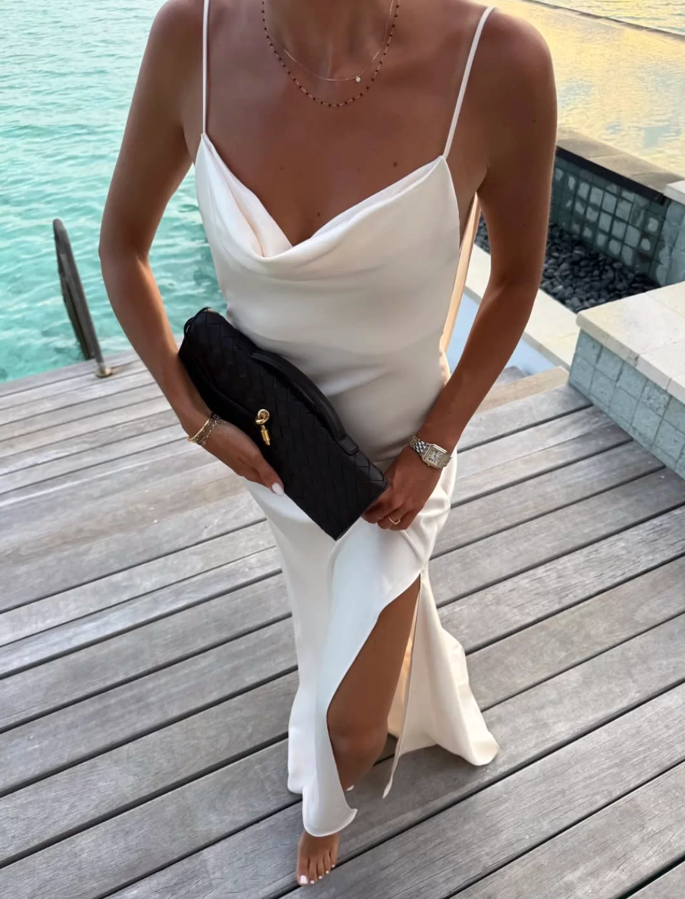 Graceful Spaghetti Straps White Prom Dress Satin Slit A-Line Evening Dress C9280