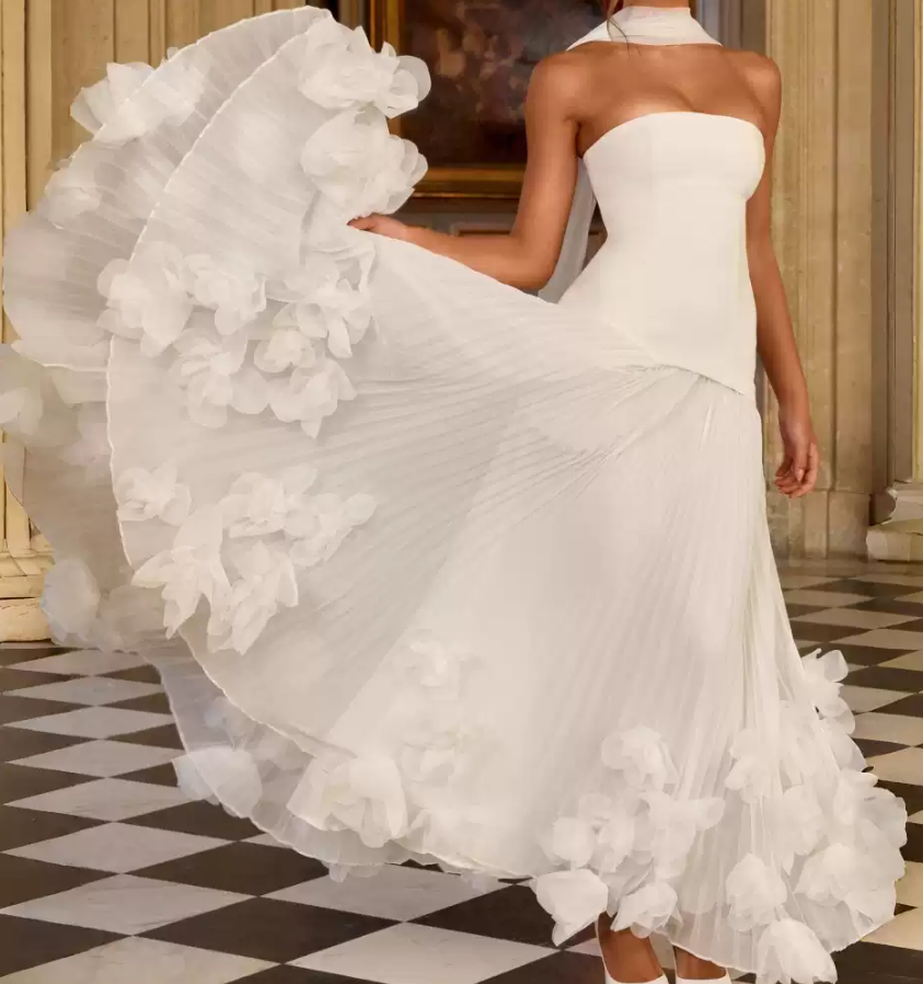 Robe de bal de princesse bustier à volants en satin long, robe de soirée C8117