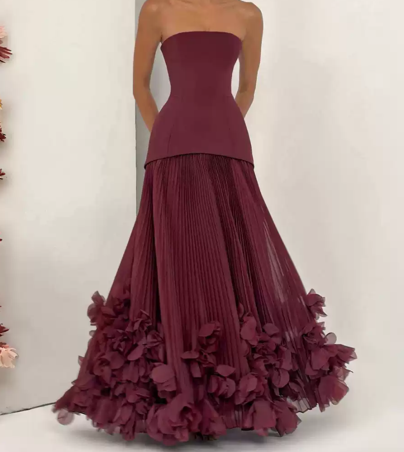 Robe de bal de princesse bustier à volants en satin long, robe de soirée C8117
