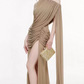 Dreamy Asymmetrical Neck Prom Dress High Slit Pleated A-Line Evening Dress C9283