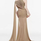 Dreamy Asymmetrical Neck Prom Dress High Slit Pleated A-Line Evening Dress C9283