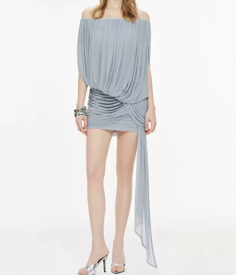 Lovely Off-Shoulder Blue Homecoming Dress Draped Sheath Party Dress C9285