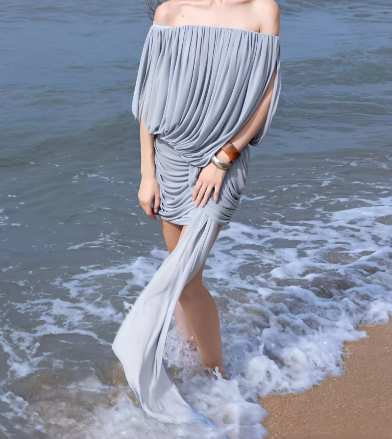 Lovely Off-Shoulder Blue Homecoming Dress Draped Sheath Party Dress C9285