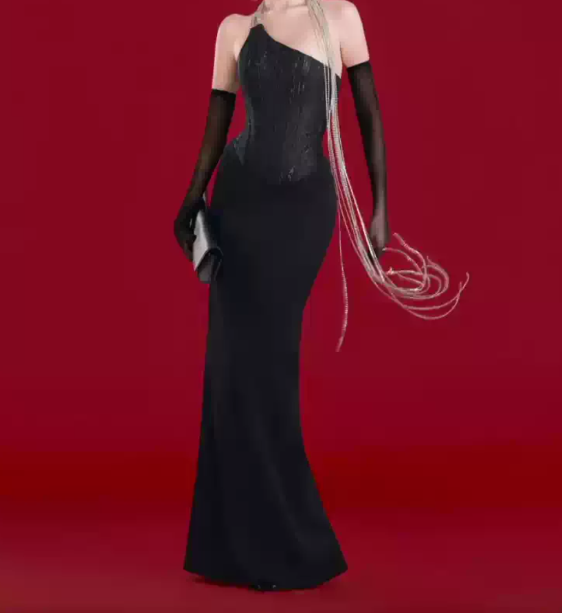 Robe de bal de princesse bustier à volants en satin long, robe de soirée C8117