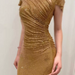 Glam Asymmetrical Neck Prom Dress Gold Sequins Mermaid Evening Dress C9295
