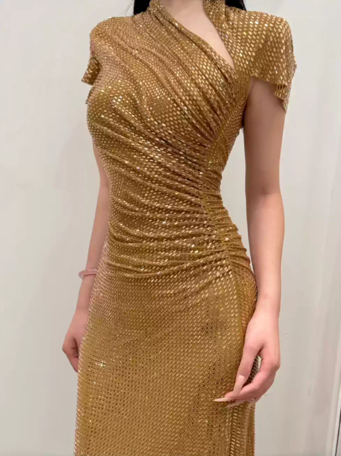 Glam Asymmetrical Neck Prom Dress Gold Sequins Mermaid Evening Dress C9295
