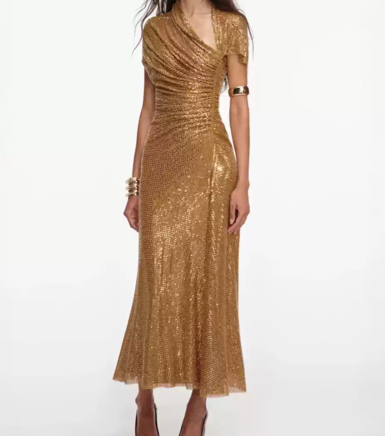 Glam Asymmetrical Neck Prom Dress Gold Sequins Mermaid Evening Dress C9295