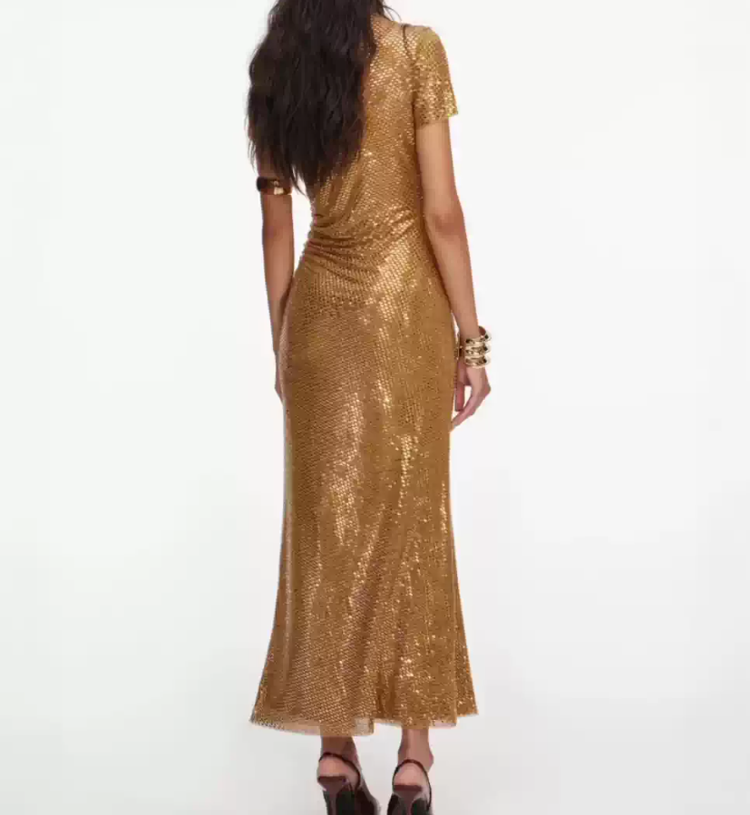 Glam Asymmetrical Neck Prom Dress Gold Sequins Mermaid Evening Dress C9295