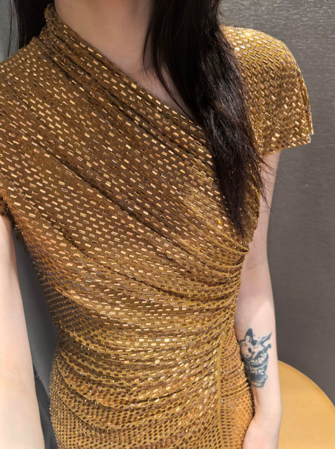 Glam Asymmetrical Neck Prom Dress Gold Sequins Mermaid Evening Dress C9295