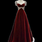 Simple une ligne manches courtes velours bordeaux longues robes de bal C92