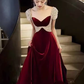 Simple une ligne manches courtes velours bordeaux longues robes de bal C92