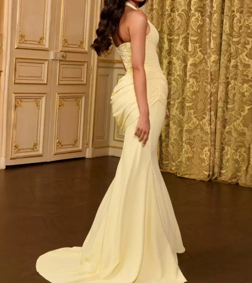 Trendy Halter Neck Yellow Prom Dress Draped Mermaid Evening Dress C9304