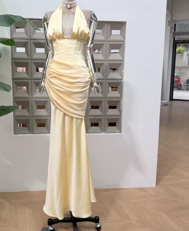Trendy Halter Neck Yellow Prom Dress Draped Mermaid Evening Dress C9304