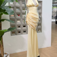 Trendy Halter Neck Yellow Prom Dress Draped Mermaid Evening Dress C9304
