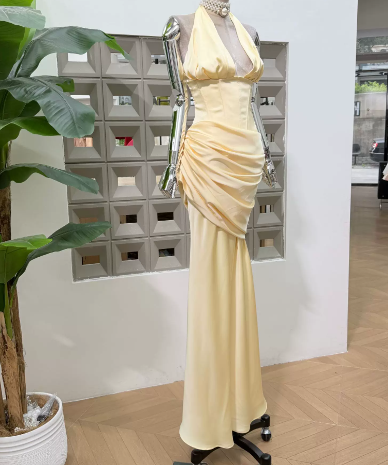 Trendy Halter Neck Yellow Prom Dress Draped Mermaid Evening Dress C9304