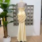 Trendy Halter Neck Yellow Prom Dress Draped Mermaid Evening Dress C9304