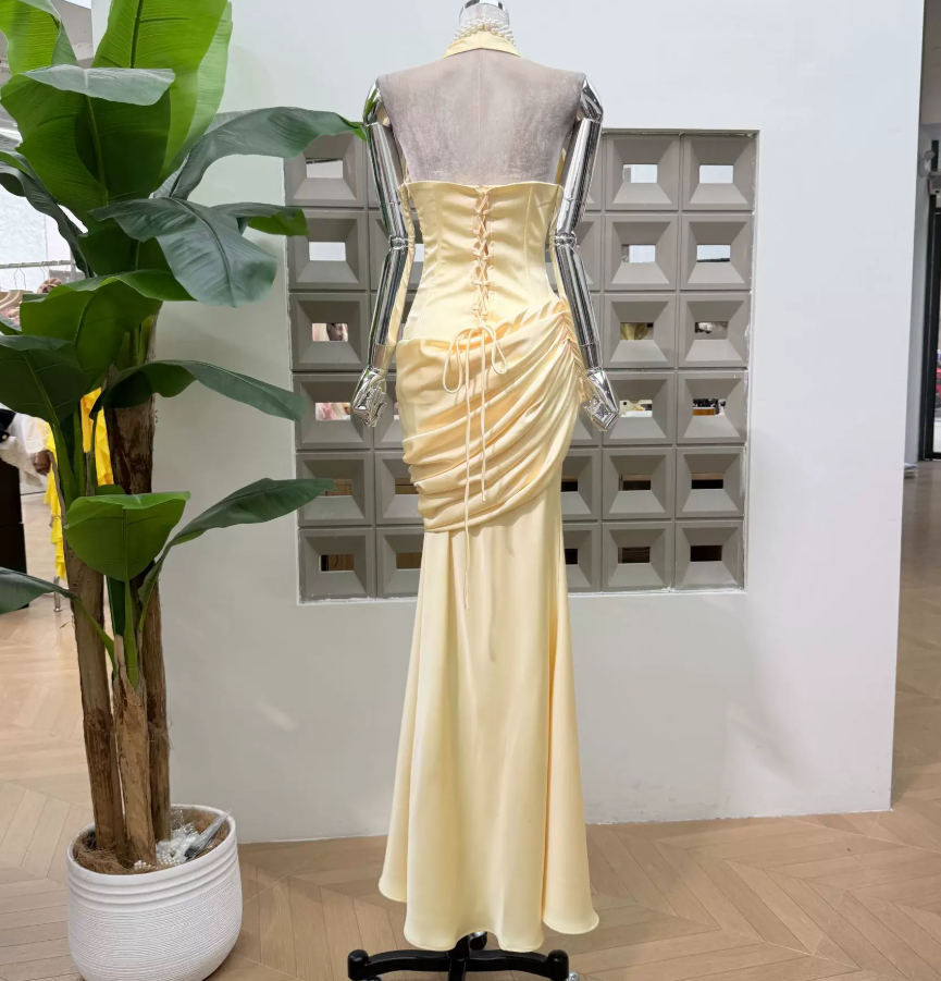 Trendy Halter Neck Yellow Prom Dress Draped Mermaid Evening Dress C9304