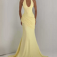 Trendy Halter Neck Yellow Prom Dress Draped Mermaid Evening Dress C9304