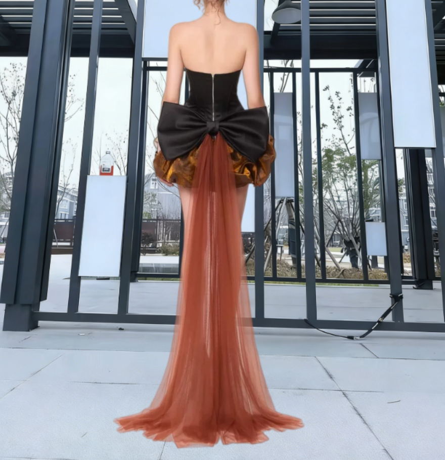 Y2K Strapless Brown Homecoming Dress Bow Train A-Line Party Dress C9307